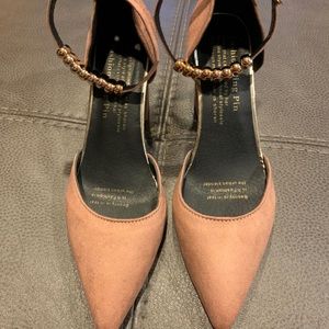 Pink suede chunky heel faux ankle strap/red bottom